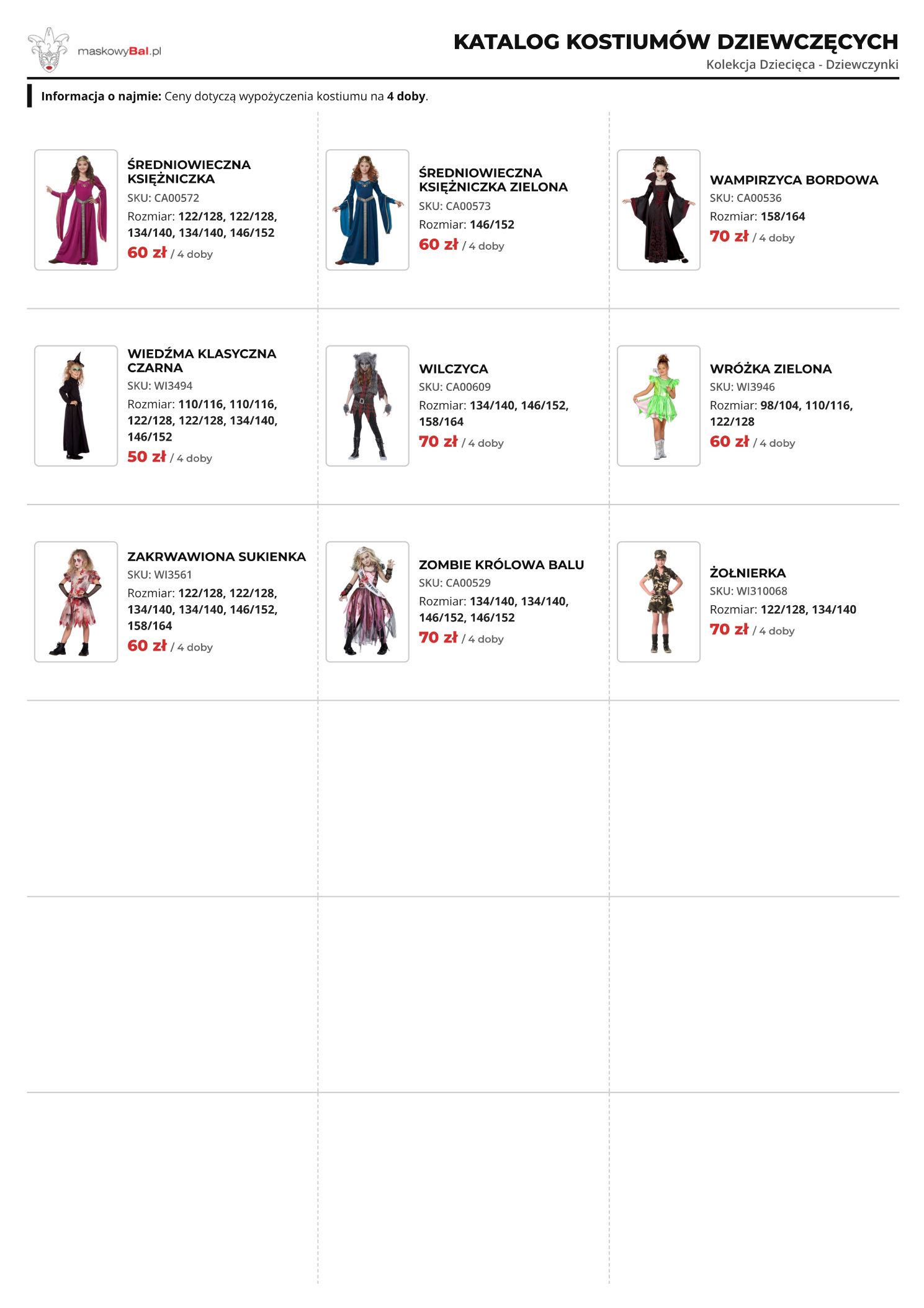 Katalog dziewczynek wypożyczalni strojów Maskowy Bal